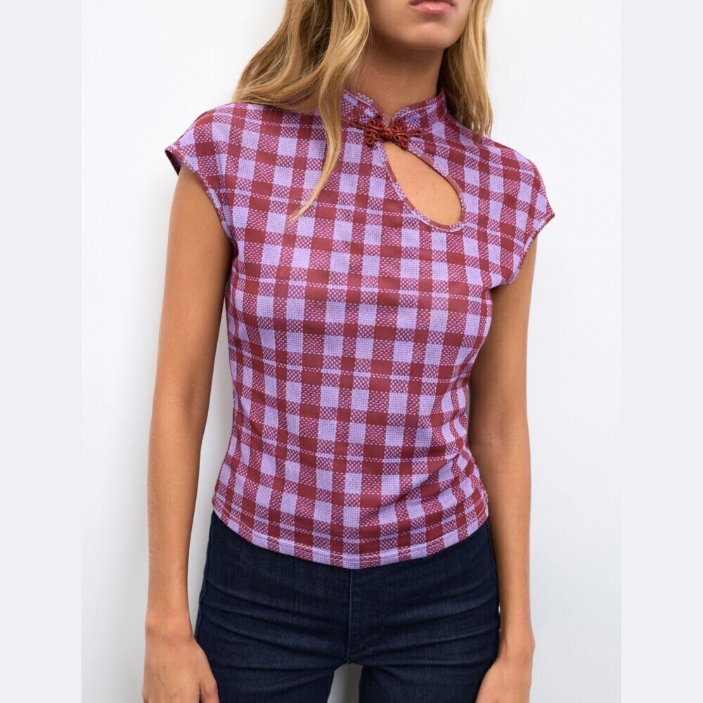 Lilac / Red Gingham Check Frog Button Keyhole Cap Sleeve Blouse Top